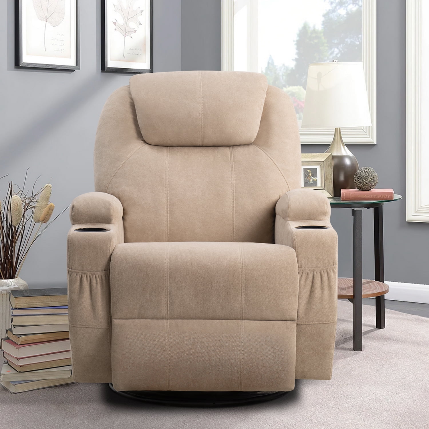 Homall Swivel Rocking Recliner Chair Massage Fabric 360 Swivel Rocker Recliner Living Room Chair Home Theater Seating,Fabric Beige