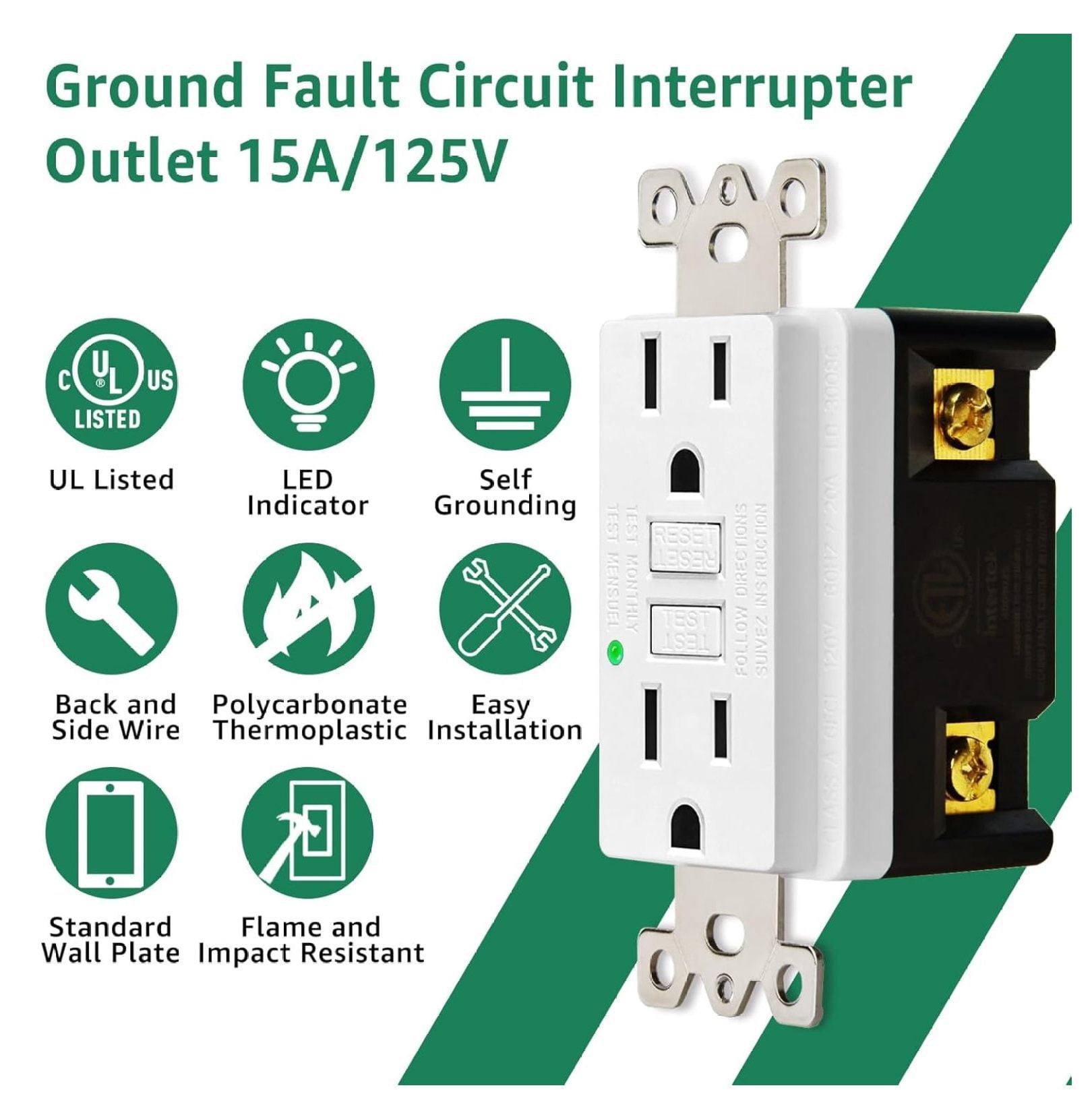 3 PACK 15A GFCI Outlet, Non-Tamper-Resistant GFI Duplex Receptacle with LED Indicator, Ground Fault Circuit Interrupter with Wall Plate Electrical Outlet Protecting , ETL UL Listed