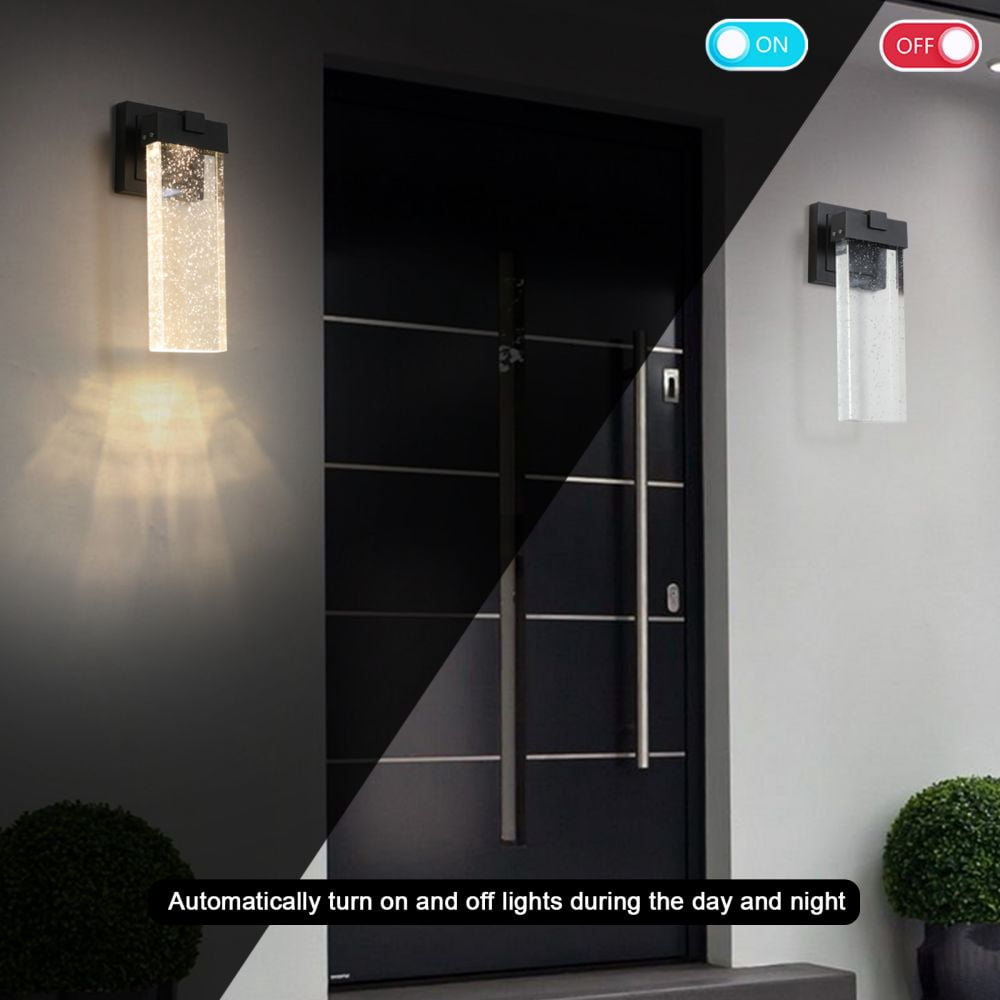 IVV Crystal LED Wall Sconces Set of 2, Modern Waterproof Sconces Wall Lightings with Light Sense, Wall Mounted Lamp w/ Black Aluminum Base for Porch Doorways Hallway Patio and Garden