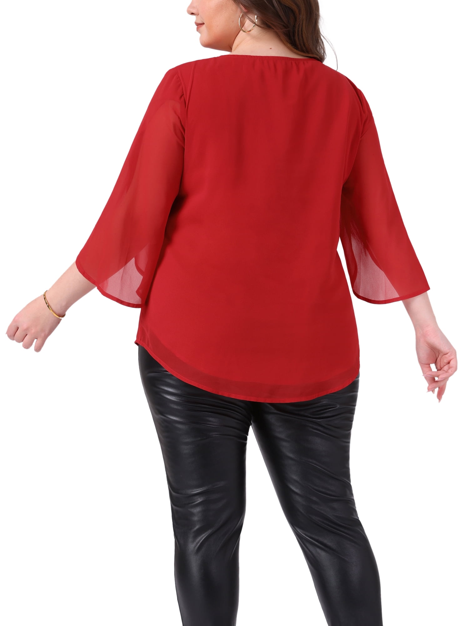Women's Plus Blouses with Flutter Petal Half Sleeve Chiffon Top 4X Red