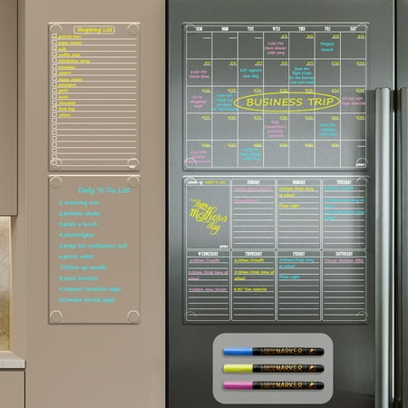 JJPRO Non Magnetic Dry Erase Calendar for Fridge-Reusable Monthly&Weekly Planning Board, List and Blank Board for All Smooth Surfaces. Clear Reusable Board Sticks to Fridge,Wall,Door&Glass