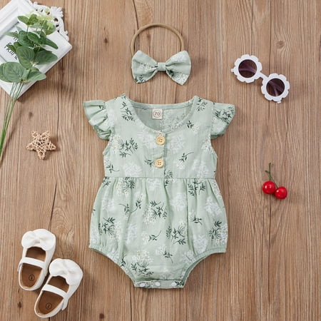 

KONBECA Baby Boys Girls Rompers Infants Pure Cotton Coverall Baby Girls Jumpsuit Bodysuit Fly Sleeve Flower Print Romper with Headband Suit Outfits (0-24 Months)