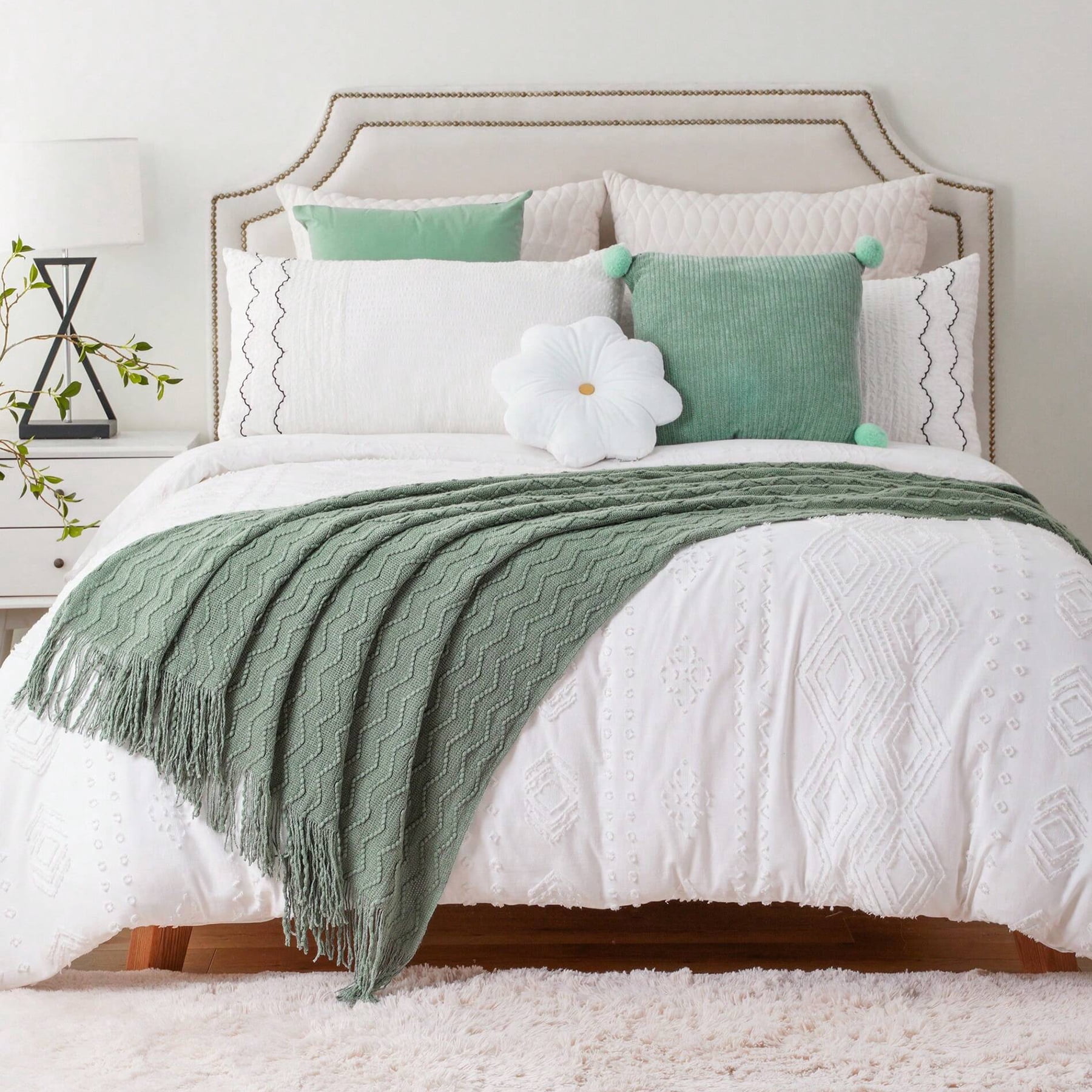 Battilo Sage Green Throw Blanket for Couch,Knitted Boho Sage Throws,Green Blanket for Spring,50"x60"