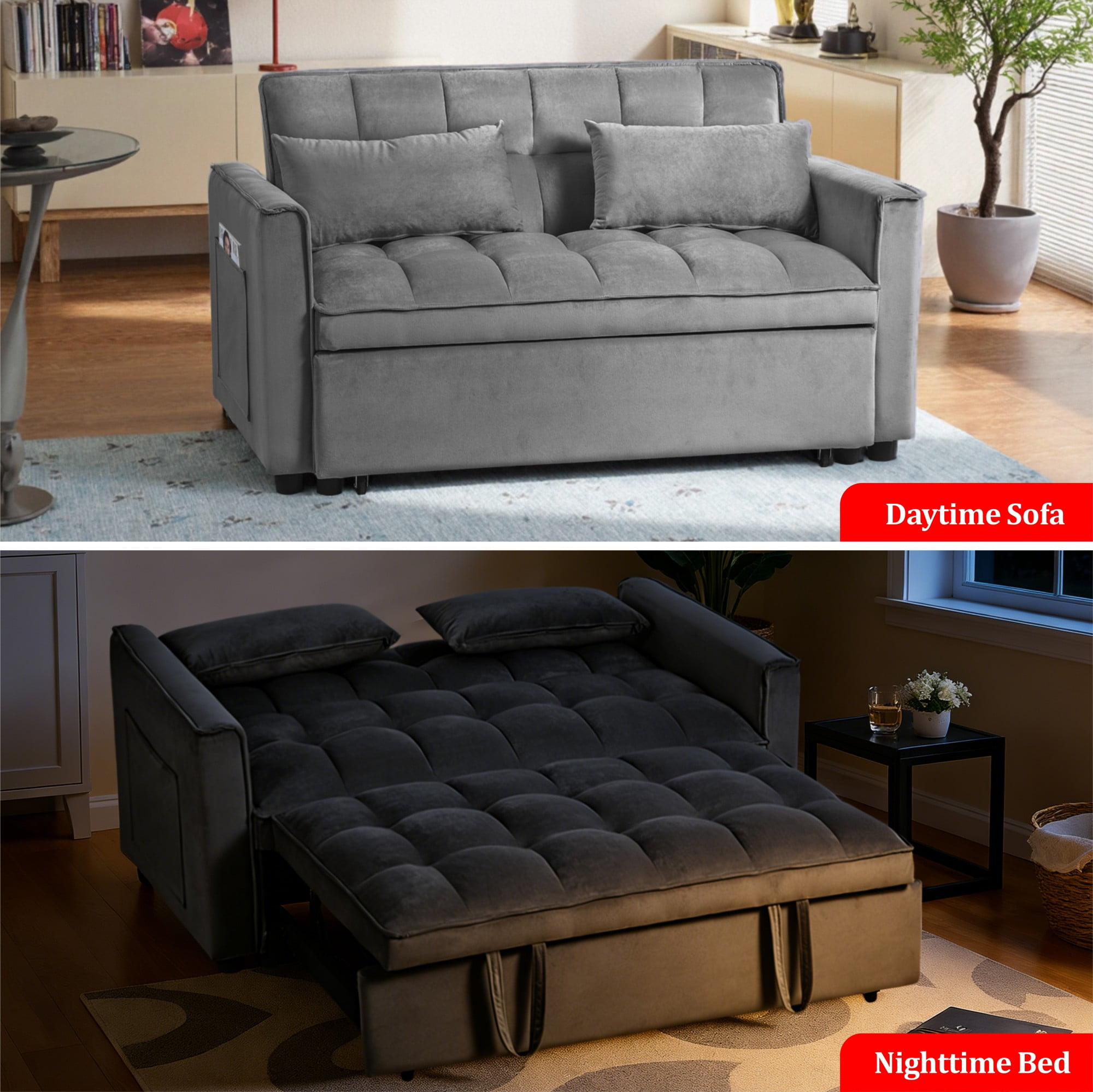 Gewnee 52.75 inch Convertible Sleeper Sofa Bed,Pull Out Loveseat Couch with Storage Pocket for Living Room,Apartment,Dark Grey