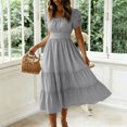 thumbnail image 3 of Iyufng Womens Long Dresses Summer Short Sleeve Pleated Casual Dress Fitted Waist Square Neck Dress, 3 of 6