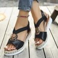 thumbnail image 3 of Rokment Women's Platform Chunky Heels Dressy Sandals Fashion Casual Metallic Silver Buckles Leather Elastic Ankle Strap Wedge Slingback Heeled Summer Comfortable Walking Shoes Black Size 6, 3 of 7