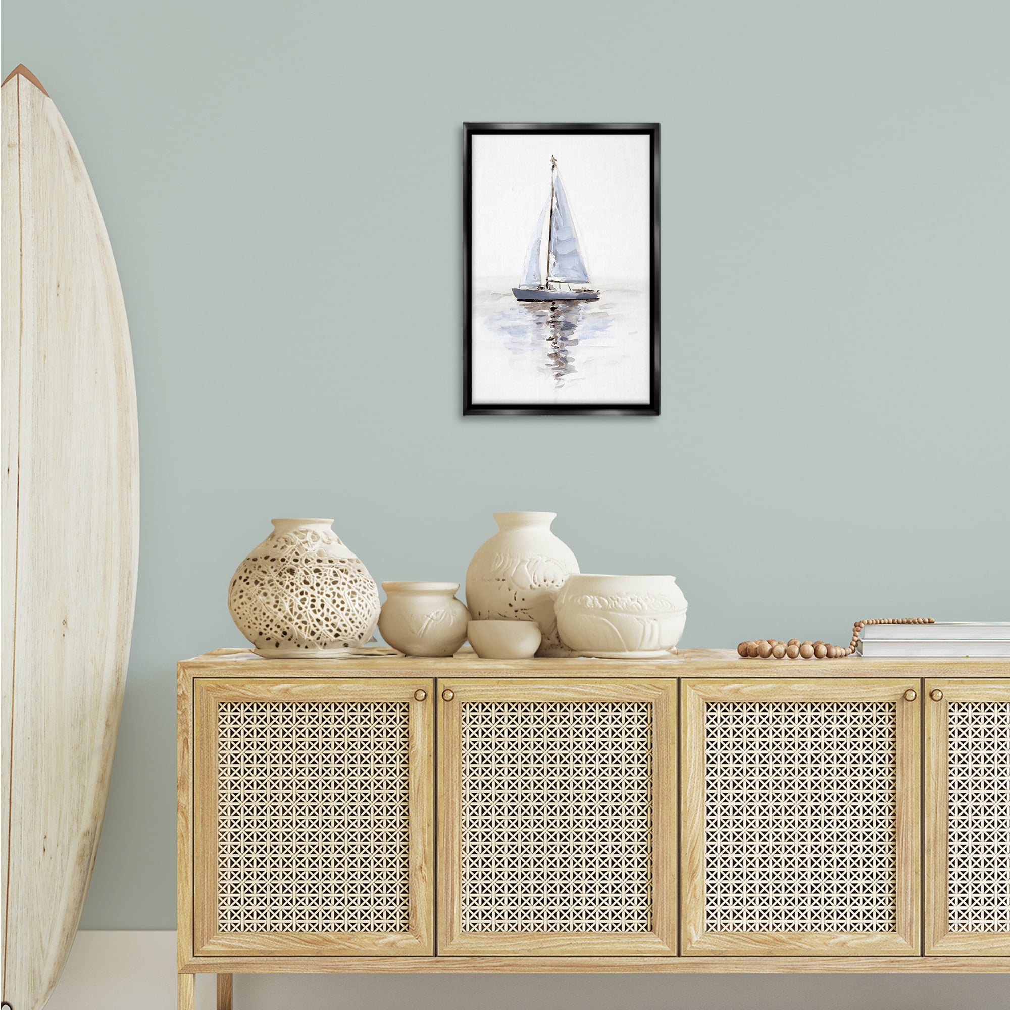 Stupell Industries Minimal Sailboat Reflection Transportation Painting Black Floater Framed Canvas Art Print Wall Art, 17 x 25