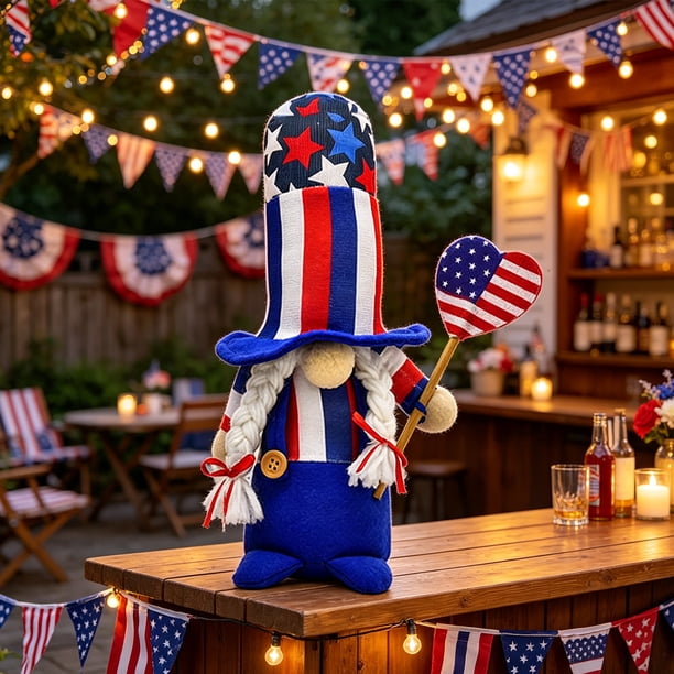 Figura de gnomo sin rostro con sombrero a rayas para el Día de la Independencia: decoración patriótica para el hogar, fiestas y mesas.