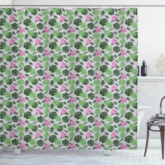 Tropical Shower Curtain, Exotic Leaves and Flowers on Thin Stripes Summer Botany Art, Fabric Bathroom Set with Hooks, 69W X 70L Inches, Emerald Fern Green, by Ambesonne