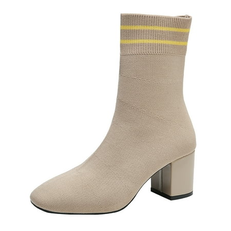 

Women Ankle Boots Simple Solid Color Fashion Elastic Large Size Comfortable Square Toe Square Heel Thick Heel