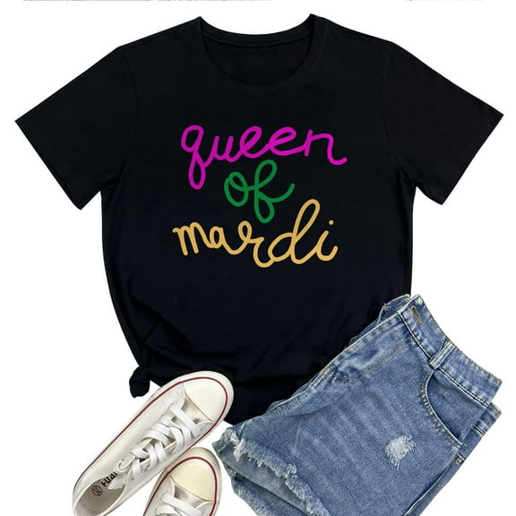 Women's T-Shirt Mardi Gras Queen Tee Funny Graphic T-Shirt Soft Cotton Casual Short Sleeve Top