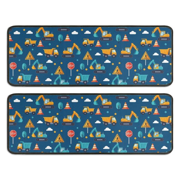Excavator and Tree Blue Pattern Anti Fatigue Kitchen Rugs Set Of 2, Non Slip Washable Decorative Floor Mats for Sink Laundry and Home Use, 17"x47"