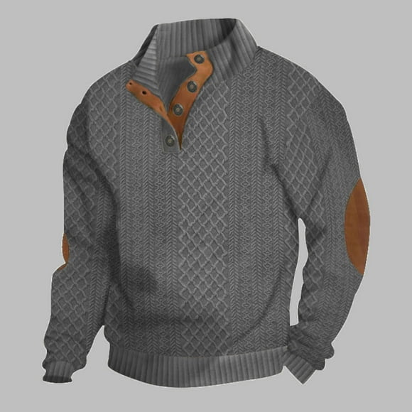 BADHUB Men's 1/4 Button Up Pullover Hoodies Jacquard Long Sleeve Sweatshirt Stand Collar Vintage Casual Hooded Elbow Patche Hoody Top on Clearance Dark Gray,M