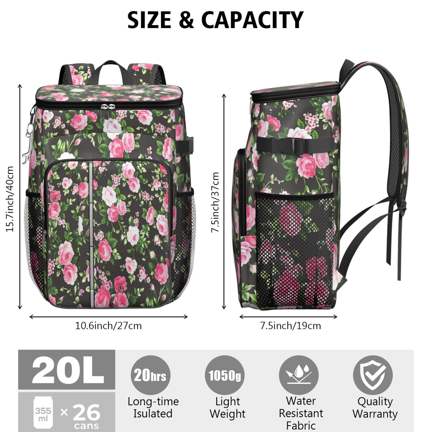 Travel Cooler Bag - Pioneer Flower Floral Print Pattern Camping Beer Cooler Backpack with Bottle Opener- Waterproof Insulated Picnic Backpacks - Cooler Bag for Beach