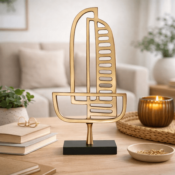 Expobazaar Sculpture | Abstract Aluminum Table Décor with Brass Golden Finish | 8"x 3"x15"