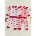 thumbnail image 3 of Toddler Baby Girl Valentines Day Outfit Bow Heart Print Ruffle Long Sleeve Sweatshirts Tops and Pants Spring Clothes Set, 3 of 8