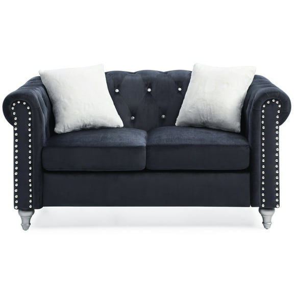 Raisa 60" Black Velvet 2-Seater Sofa with 2-Throw Pillow