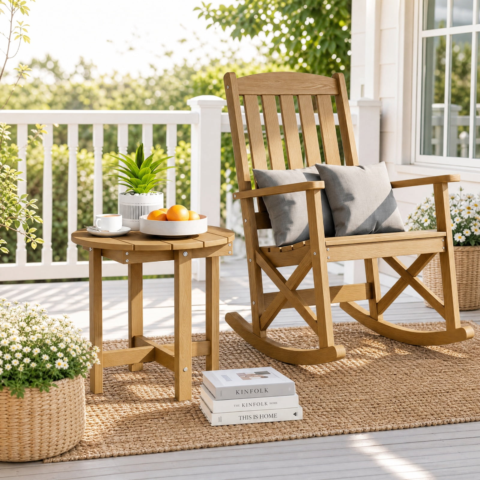 Biotree 18 Inch Adirondack Side Table, All-Weather HIPS Outdoor End Table with Slatted Wood-Grain Top and Stable Base for Garden Porch Deck, Coffee