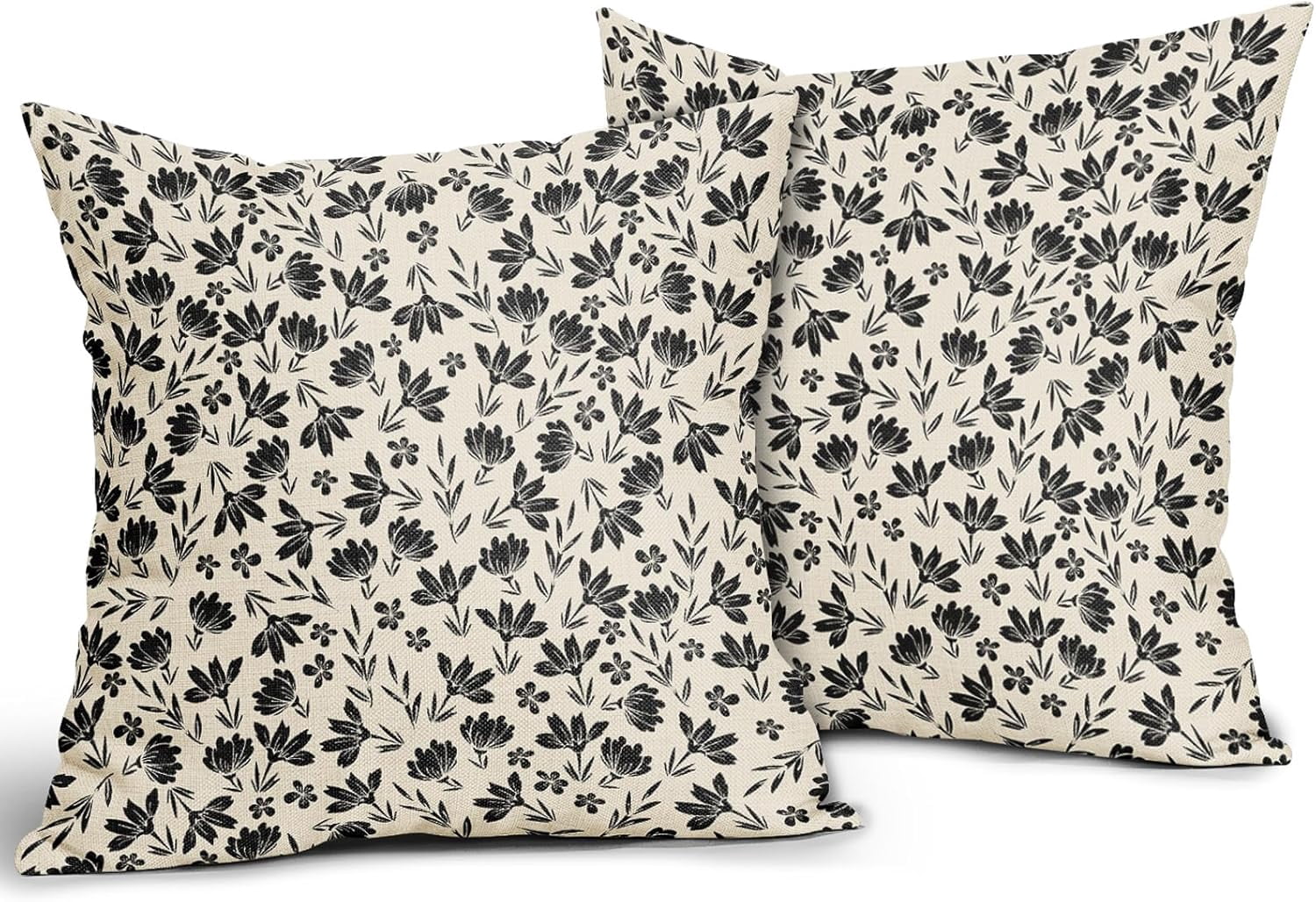 Vintage Flower Pillow Covers 18x18 Set of 2 Rustic Cute Small Floral Black Brown Old Style Decorative Throw Pillows Outdoor PillowCase Farmhouse Linen Cushion Case Decor for Home Sofa Couch Bed