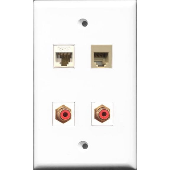 RiteAV - 2 Port RCA Red and 1 Port Phone RJ11 RJ12 Beige and 1 Port Cat6 Ethernet White Wall Plate