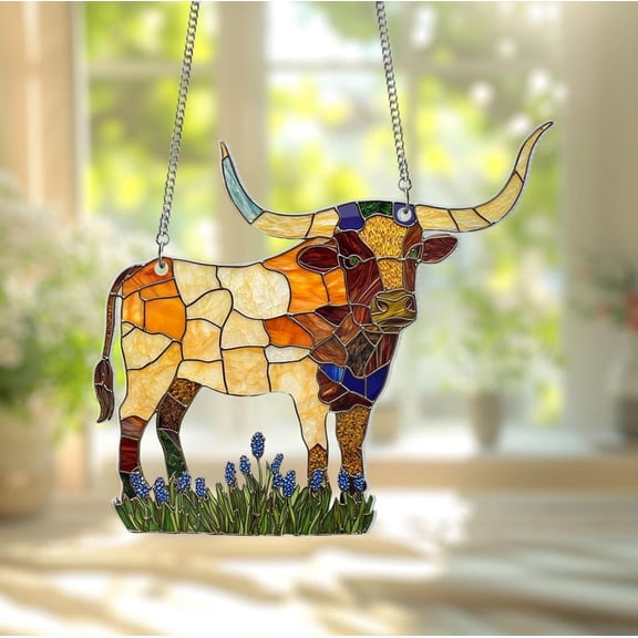 Texas Longhorn ACRYLIC Suncatcher Hanging, Texas Window Hanging, Longhorn And Bluebonnet Home Decor, Texas Gifts, Texas State Decorations