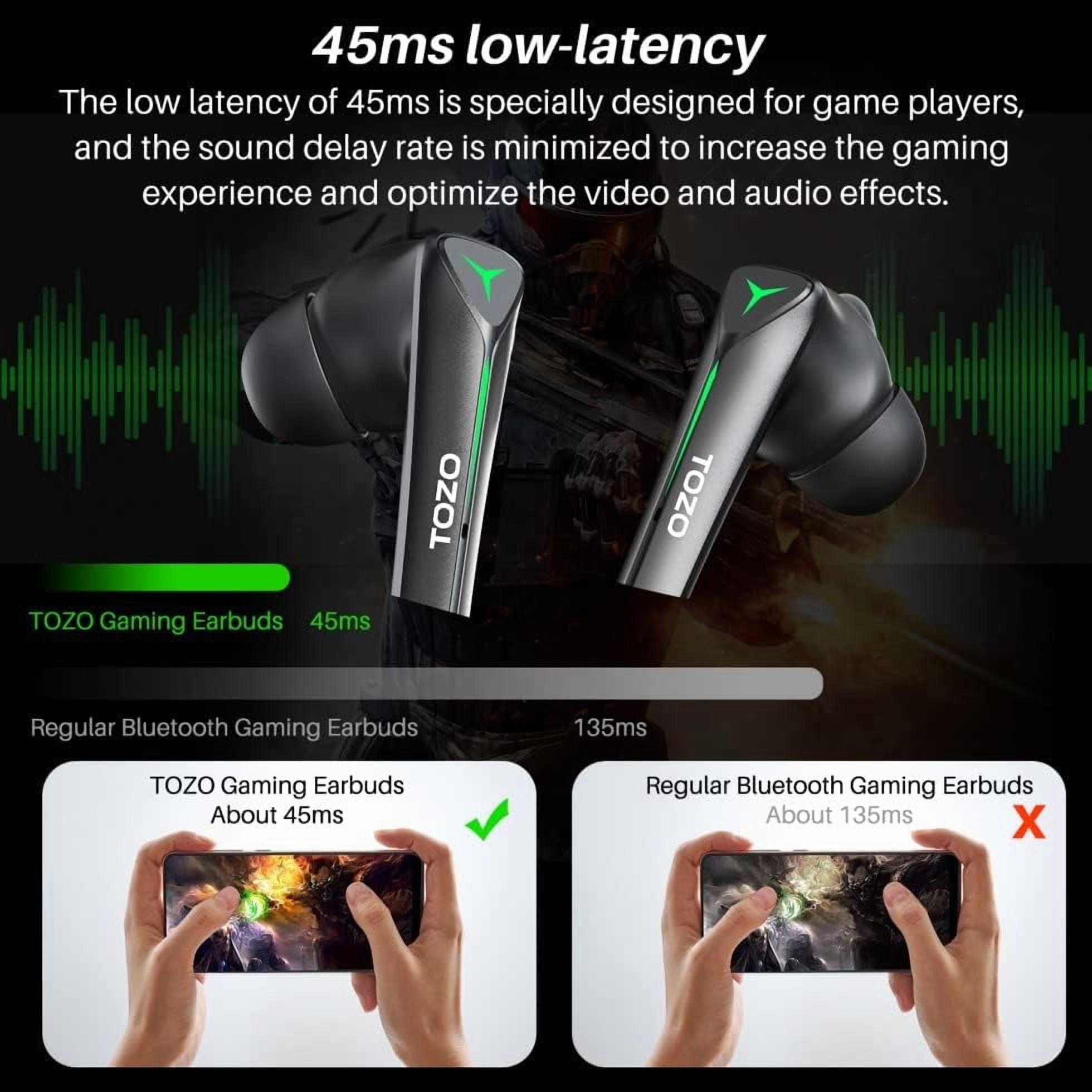TOZO Wireless Gaming Earbuds Bluetooth 5.3 In-Ear Headphones with 45ms Ultra-Low Latency,Cool Breathing Light,Stereo Sound,Deep Bass,Wireless Charging Case,Type-C Fast Charging,30H Play,Ergonomic Fit