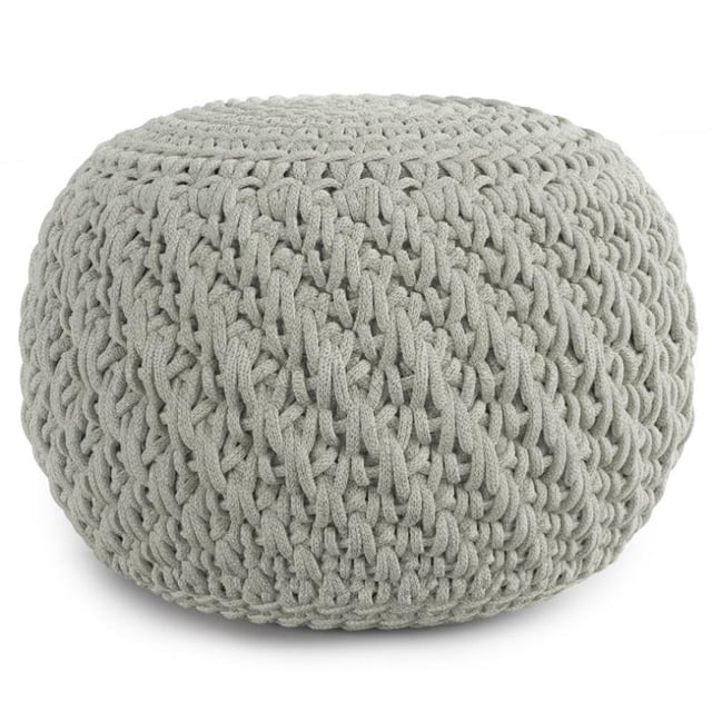 Simpli Home Nisi Pouf Rond Bohème en Tricot, Gris Pâle, Polyester Recyclé pour Animaux
