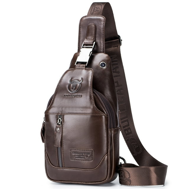 Men's Leather Sling Bag Waterproof Crossbody Pack Chest Shoulder for Hiking Cycling Mountaineering Travelling Brown