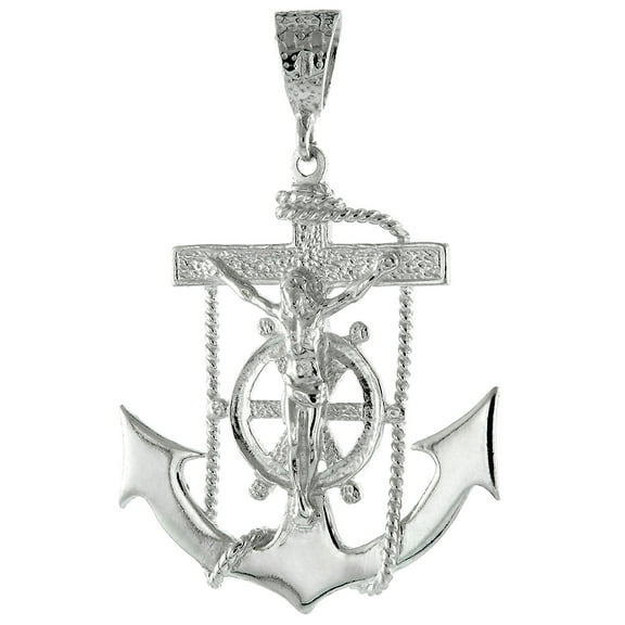 Large Sterling Silver Anchor Cross Mariners Cross Pendant 8mm Bale Polished Heavy, 2 inch