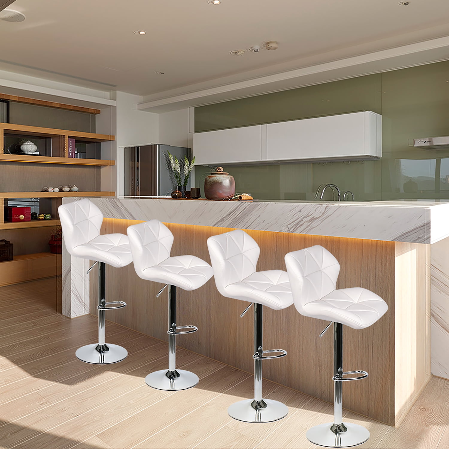 FULLWATT Bar Stools PU Leather Seat with Chrome Base Swivel Dining Chair Barstools, White, Set of 4