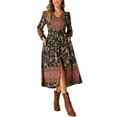 thumbnail image 2 of Allegra K Floral Dress for Women's Long Sleeve V Neck Elastic Waist Split A-Line Summer Midi Dresses L Blue, 2 of 5