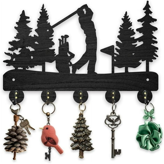 Golf Coat Racks Wall Mounted Wood Golf Clubs Tree Key Hangers for Wall 11.8×7.9inch Black Key Holder 5 Alloy Hooks Home Decor Gifts Entryway Kitchen Bathroom Storage Organizer