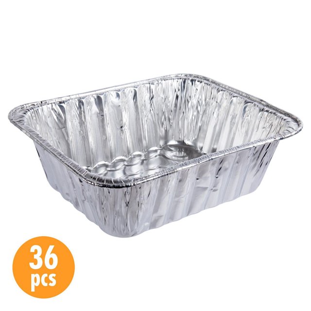 Luciano Housewares Rectangular Aluminum Foil Deep Roast Pan Set showing a single rectangular aluminum foil pan with ribbed sides and crimped edges, measuring 12.5 inches long, 10.5 inches wide, and 4.125 inches high, microwave and oven safe, part of a 36-piece disposable kitchenware set ideal for commercial and home cooking.