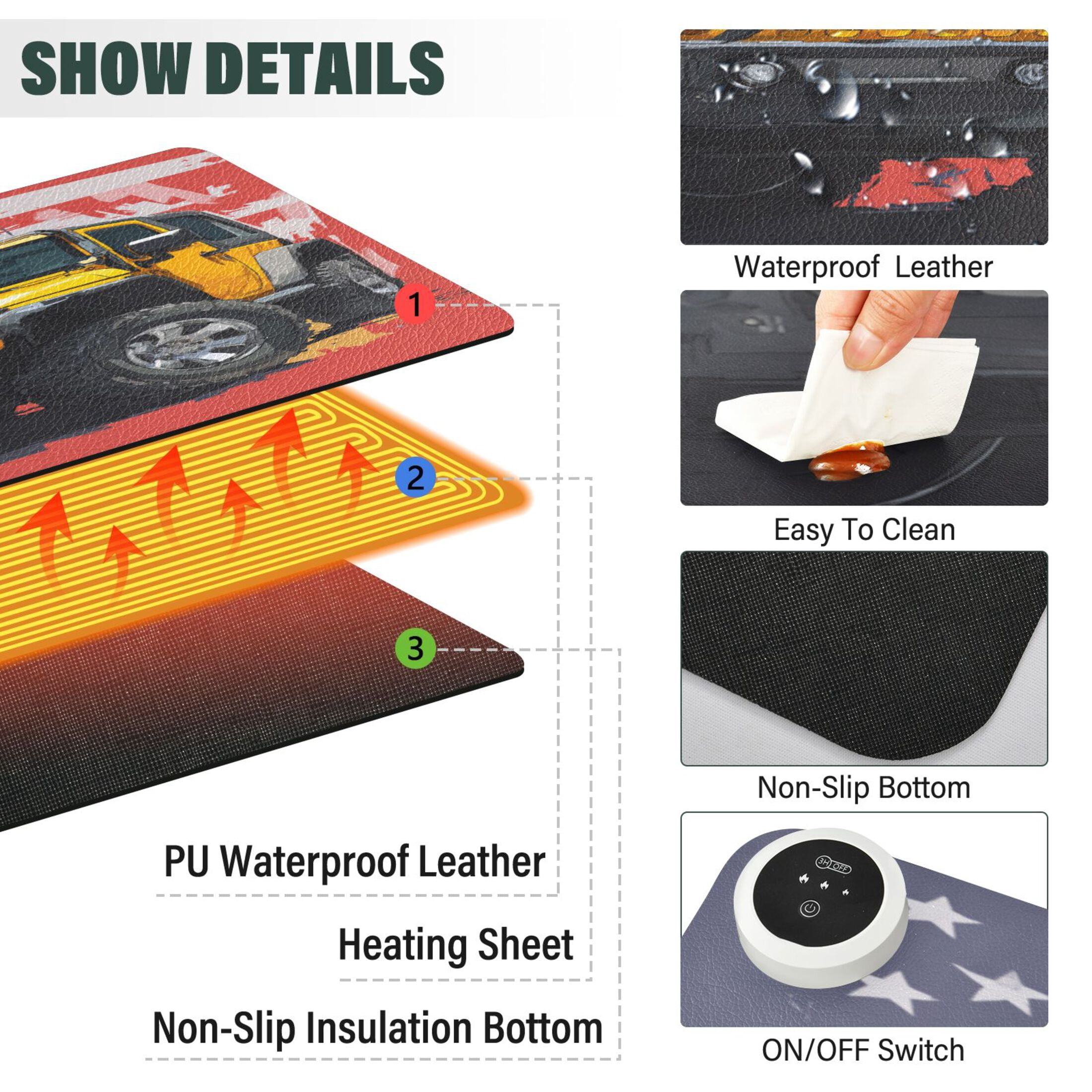 Large Heated Desk Mat Mouse Pad 31.5"x13"PU Leather Graphene Heating Desk Warmer with 3 Temperature Settings 110V US Plug Non-Slip Warm Pad for Home, Office, and Gaming Yellow Jeep Car Pattern
