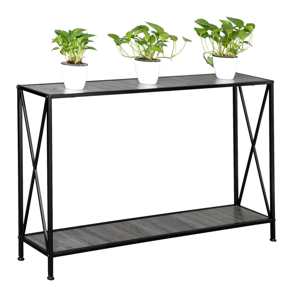2 Layers Forked Console Table MDF Countertop Black Wrought Iron Base