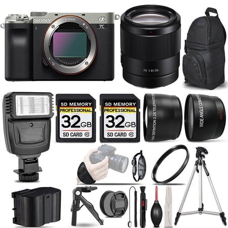 Sony a7C Camera (Silver) +35mm Lens +Flash +64GB- Kit