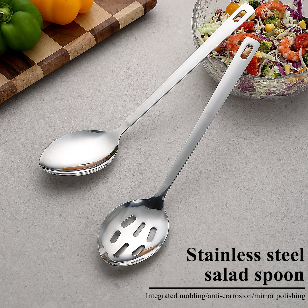 ReaNea Silver Cooking Spoon Set, Stainless Steel Kitchen Cooking Serving, Solid Spoon and Slotted Spoon Pack of 2