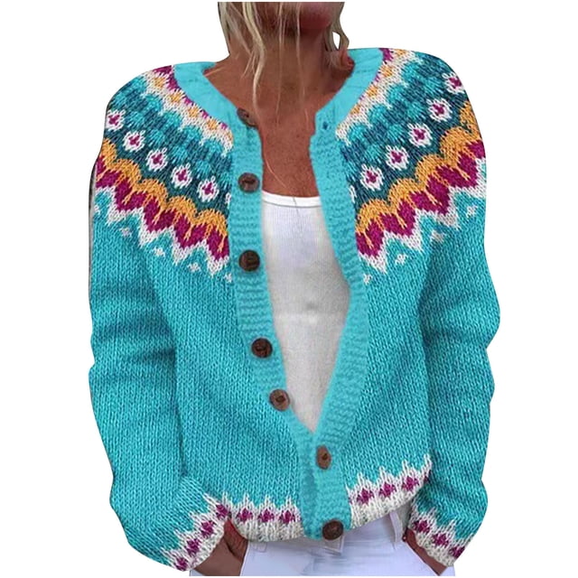 LMKIHUSA Chandails Boutonnés pour Femmes Vintage Tricot Fair Isle Vêtements d'Extérieur Manches Longues Col Ras du Cou Cardigans à devant Ouvert 2025 Bleu Pâle,S