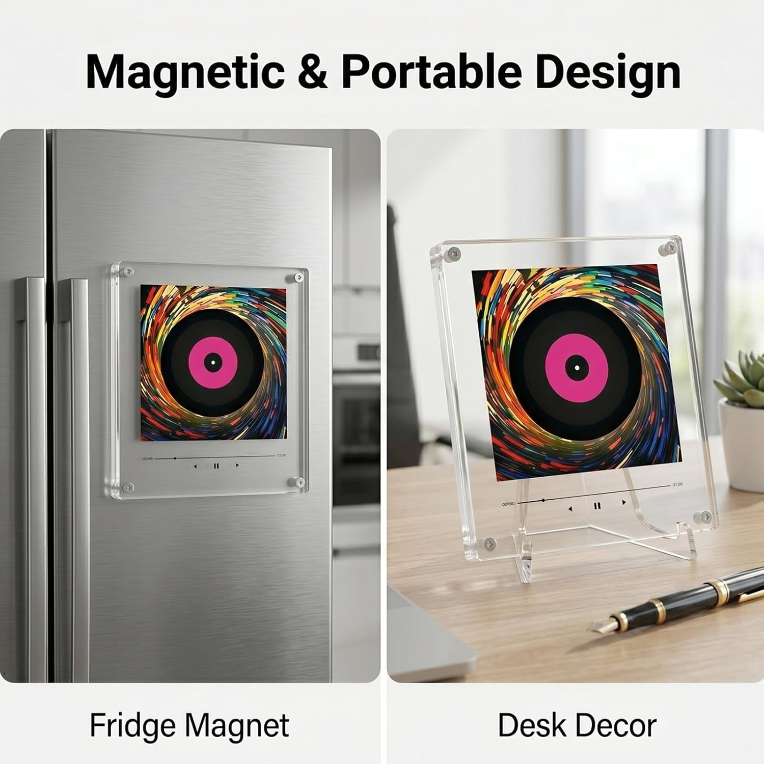 Magnetic Fridge Music Player and Mini Vinyl Record Player Magnet, with LED Light, 128MB, Home Office Decor, Customizable Image Support  (Rotatable)