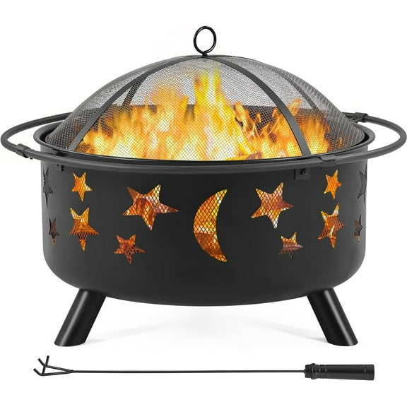 LibraMAl Fire Pit 30in Fire Pits for Outside Wood Burning Outdoor Fireplace with Spark Screen, Poker for Bonfire Patio Backyard Garden Picnic