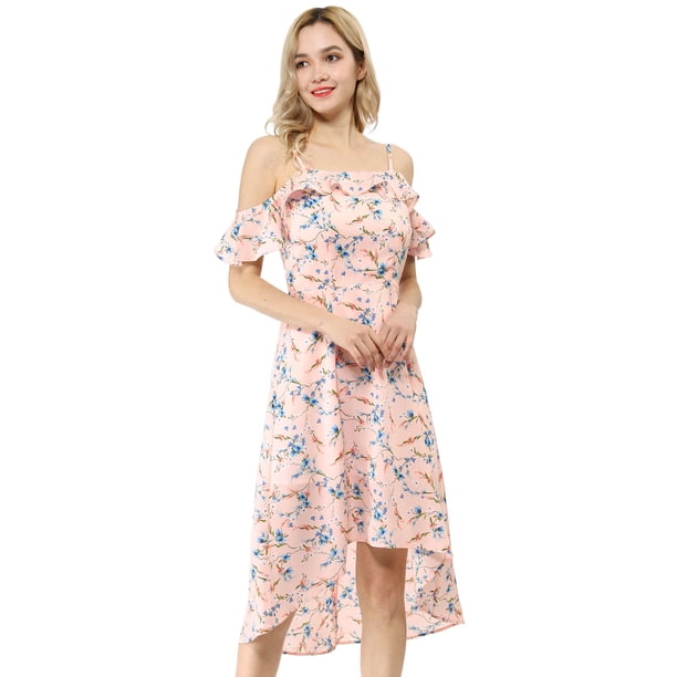 Vestido A Media Pierna Asimétrico Alto Bajo Con Mangas Con Volantes Y Tirantes Spaghatti Para Mujer Rosa Allegra K