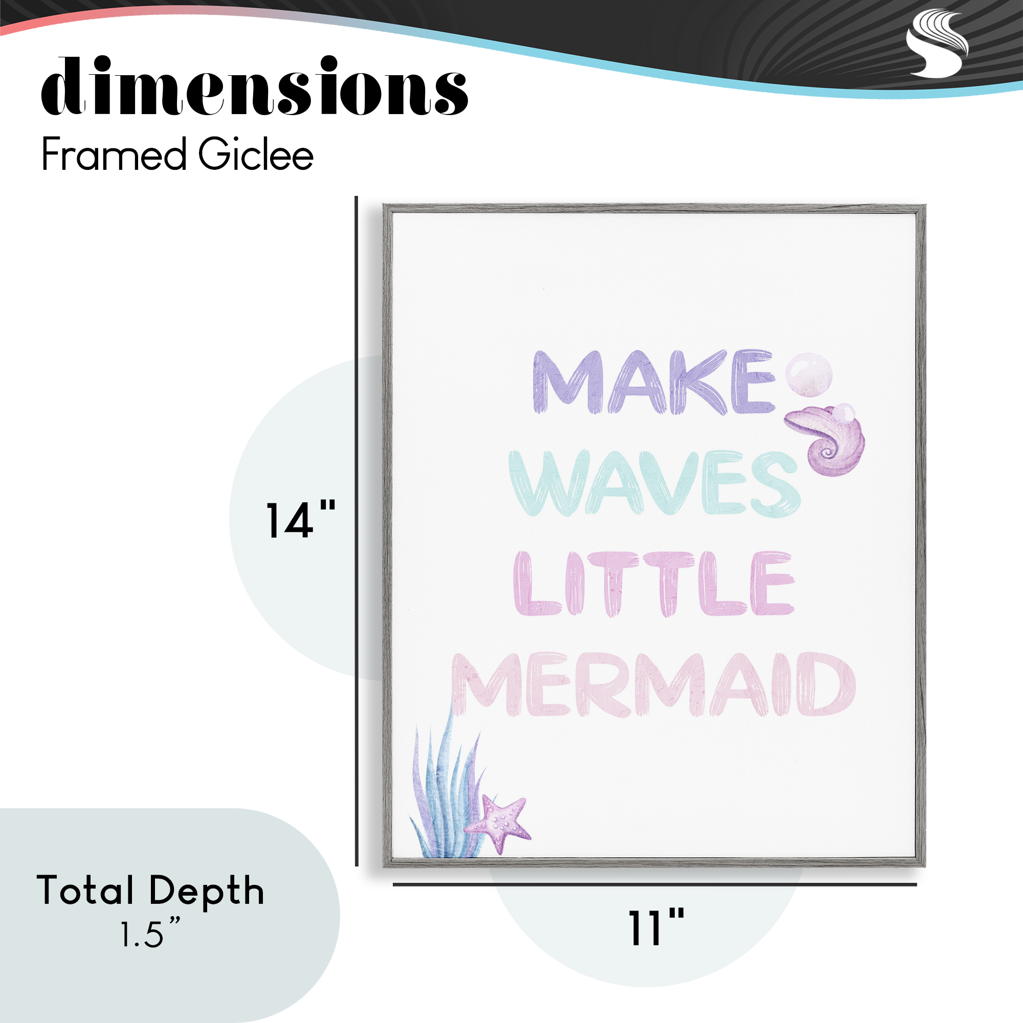 Make Waves Little Mermaid Gray Framed Giclee Art, design by Kim Allen