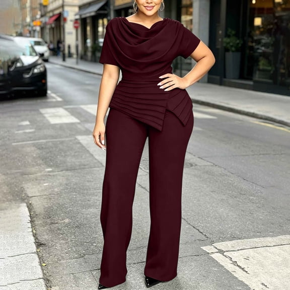 Cagogo Women Plus Size 2 Piece Set Casual Summer Cruise Outfits Loose Short Sleeve Crew Neck Tops Comfy Pants Matching Lounge Sets Tracksuits Travel Airport Clothes, Wine XL