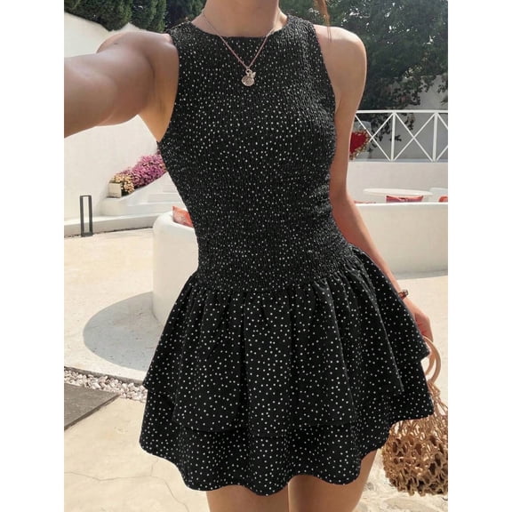 Red Plaid Sleeveless Ruched Mini Dress, Sweet French Style Summer Vacation Dress