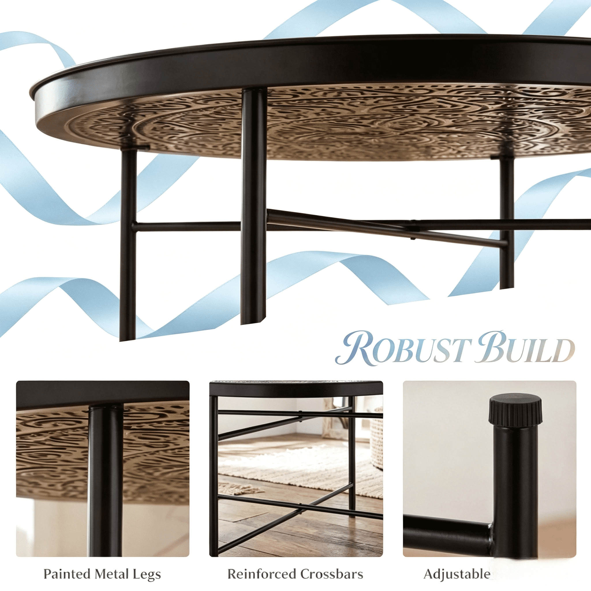 Hand Hammered Floral Round Metal Coffee Table Dia.24", Brushed Finish Tray Top Side Tea Table with Adjustable Foot Pads for Living Room Bedroom