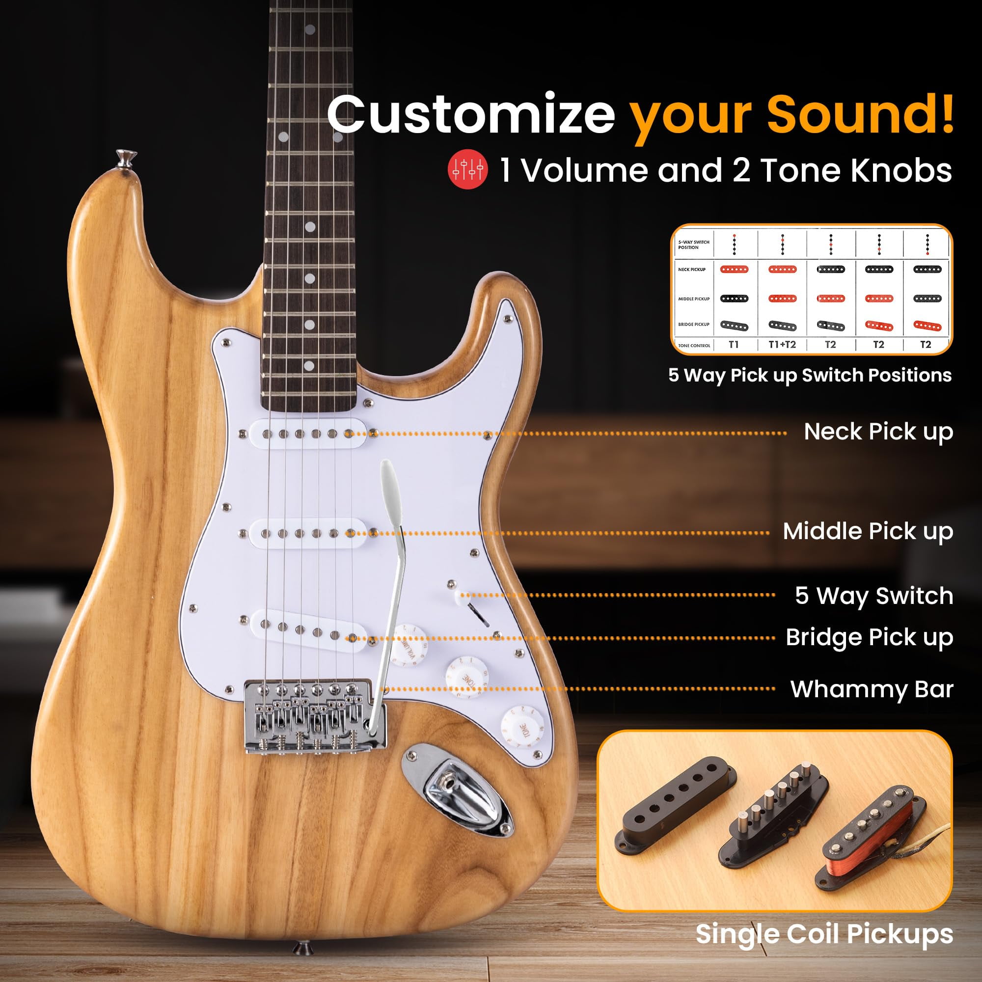 Pyle Full Size Electric Guitar Kit with 5W Amplifier, Gig Bag, Picks, Spare Strings, and Strap, ST-Style Beginner Guitar Bundle with 22 Frets, Paulownia Wood Body, Natural
