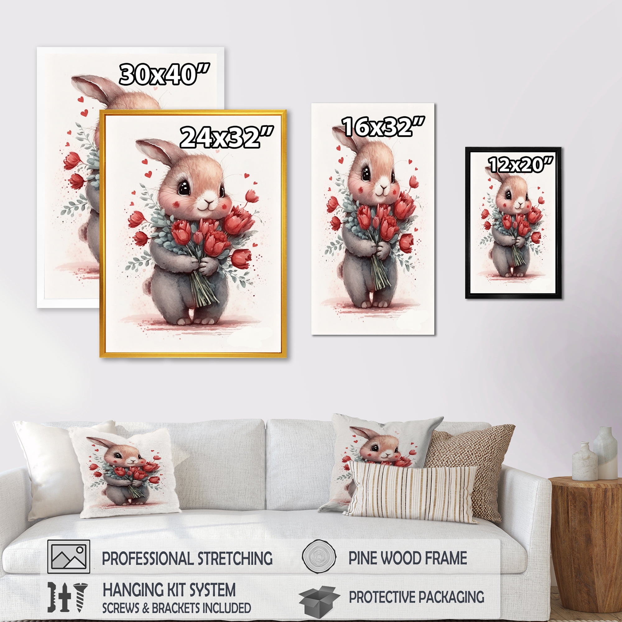 Designart Bunny Love Holding Flowers I Canvas Wall Art