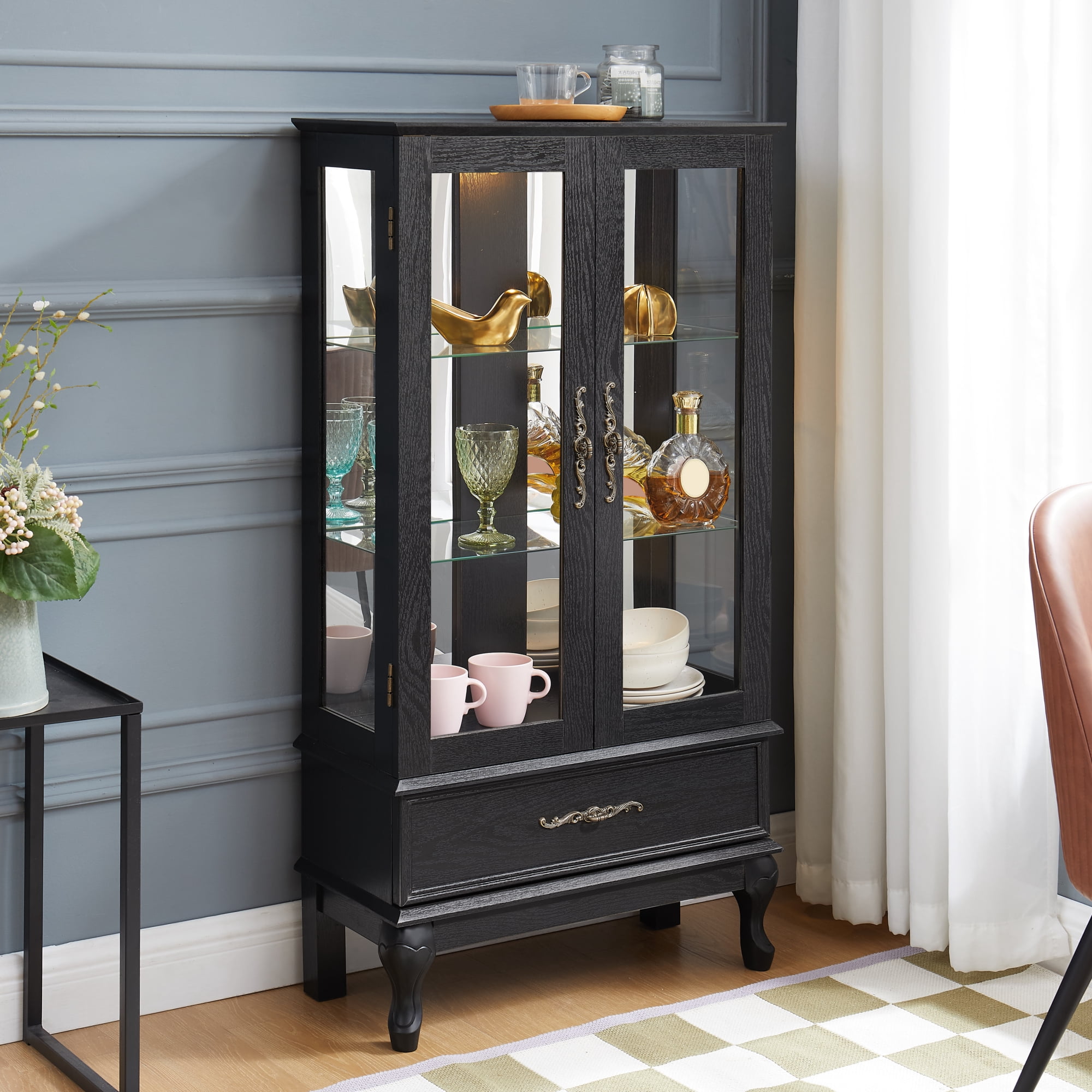 Leumius Curio Glass Cabinet, Glass Wine Cabinet Curio Display Cabinet with Adjustable Glass Shelves 2 Doors and 1 Drawer Cabinet Sideboard with Bulb Included for Home Decor Black
