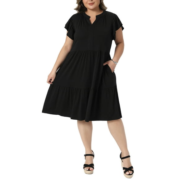 Agnes Orinda Women's Plus Size Dresses Flowy Tiered V Neck Ruffle Sleeve Summer Casual Midi Dresses with Pockets 1X Black