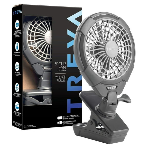 Treva 5 Inch Battery Powered Clip Fan - Slim and Portable Cooling Travel Fan with USB - Clamp for Bed, Office Desk, Camping, Car, Baby Stroller - Multi-Directional Rotating and Adjustable Head, Gray